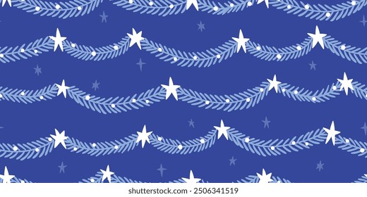 Vector garland and stars seamless pattern. Festive repeat background with decorative elements for celebrating the new year, Christmas, birthday and other holiday.  