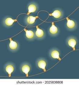 Áreas vectoriales aisladas en un fondo verde. Bombillas amarillas brillantes sobre cables para el diseño de tarjetas de felicitación, afiches, pancartas.