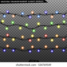 Vector garlands isolated on a transparent background. Christmas lights decorations for Christmas greetings cards. Implemented in a realistic style