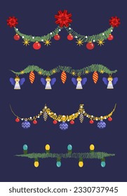 Vector garlands, ornaments with spheres, stars and angels for New Year's Eve parties. Christmas