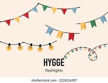 Vector Garlands set. Hanging festive decorations isolated. Light bulbs, flags and flashlights party decorations