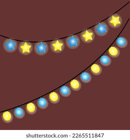 vector garlands of two types in the form of stars, the second is an oval.
festive garland, dikor, postcard in blue and yellow on a dark purple background