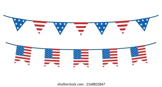 Las guirnaldas vectoras de las banderas de los Estados Unidos. Colección de paquetes del día de la independencia. Banderas de Estados Unidos. Estados Unidos.