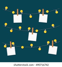 Vector garlands with white card, lights, yellow lamps, photo frame, Christmas decoration, dark background
