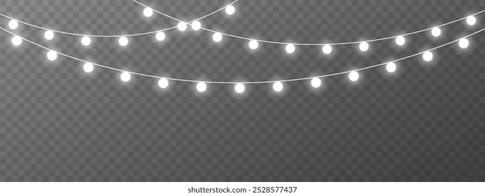 Grânulos vetoriais e luzes brancas estão brilhando sobre um fundo transparente. Esta é uma ilustração vetorial de uma cadeia de luzes natalinas. 