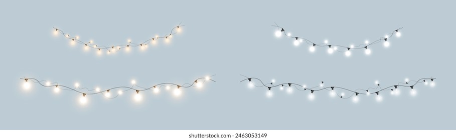 Vector garlands of white and yellow lamps on a transparent background. Festive chain of lights, vector illustration 10 EPS