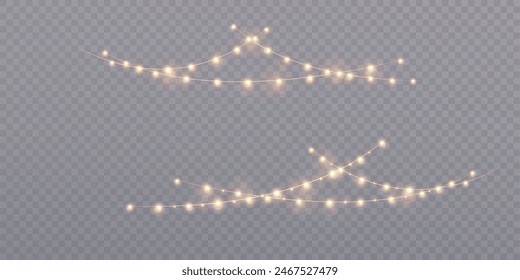 Vector garlands and yellow lights glow on a transparent background. Festive chain of lights, vector illustration 10 EPS