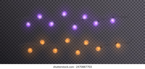 Vector garlands and yellow lights glow on a transparent background. Festive chain of lights, vector illustration 10 EPS