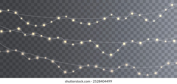 Vector garlands and yellow lights glow on a transparent background. Festive chain of lights, vector illustration 10 EPS