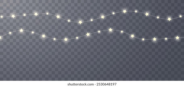 Vector garlands and yellow lights glow on a transparent background. Festive chain of lights, vector illustration 10 EPS