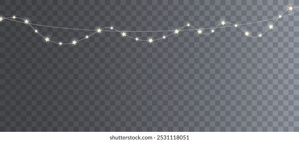 Vector garlands and yellow lights glow on a transparent background. Festive chain of lights, vector illustration 10 EPS