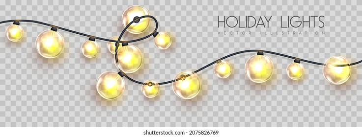 Vector garlang of gold lamps on transparent background. Holiday string of lights vector illustration