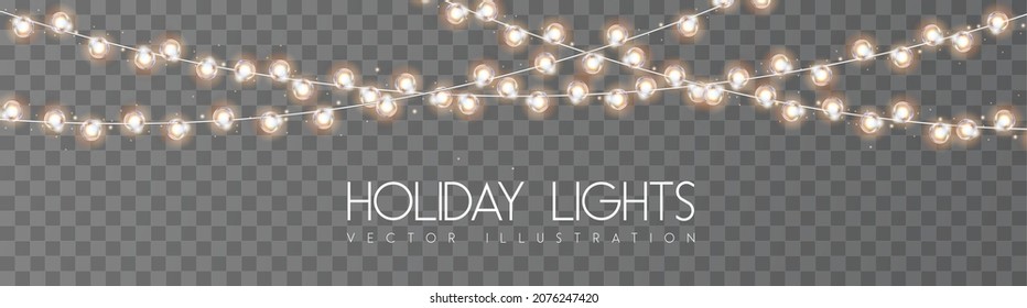 Vector garlang of gold or yellow lamps on transparent background. Holiday string of lights vector illustration