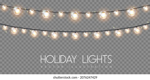 Vector garlang of gold or yellow lamps on transparent background. Holiday string of lights vector illustration