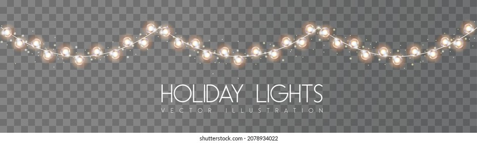 Vector garlang of gold or yellow lamps on transparent background. Holiday string of lights vector illustration