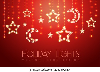 Vector garlang with gold or yellow lamps on red christmas background. Glowing star shape. Holiday string of lights vector illustration
