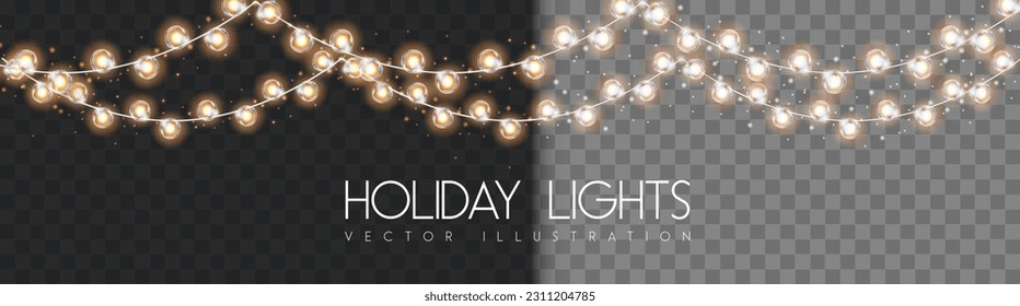 Vector garlang of gold or yellow lamps on transparent background. Holiday string of lights vector illustration - Shutterstock ID 2311204785