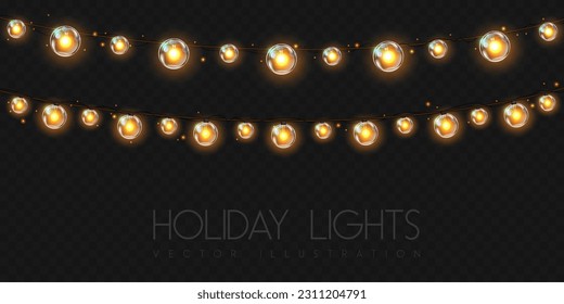 Vector garlang of gold or yellow lamps on transparent background. Holiday string of lights vector illustration - Shutterstock ID 2311204791