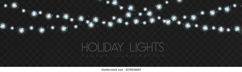 Vector garlang of white or silver lamps on transparent background. Holiday string of lights vector illustration