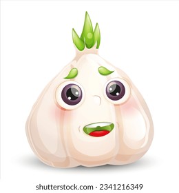 Vector garlic character on white background. Cute garlic. Funny cartoon character