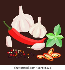 Vector de ajo y chile sobre un fondo marrón oscuro con hojas de albahaca. Pimienta negra, pimienta roja y pimienta blanca. Ingredientes para cocinar Elementos de Vector. Cocina italiana