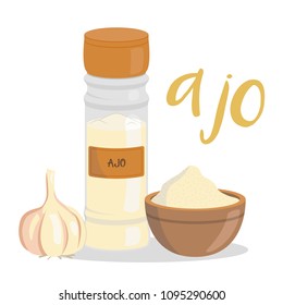 Vector garlic illustration isolated in cartoon style. Spanish name. Herbs and Species Series