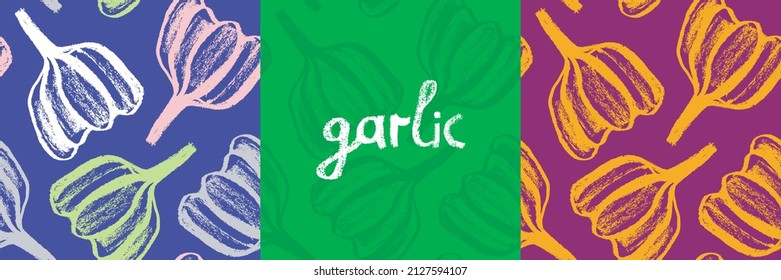 Vector garlic pattern seamless. Allium drawing for Oil packaging, dried spices label, banner design. Rural food concept, rustic decor. Vegan background. Vegetarian wallpaper. Organic garlic ornament.