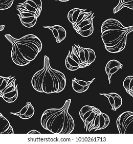 Vector garlic seamless pattern for menu, posters. Isolated spice product. Chalk style hand drawn retro plant.