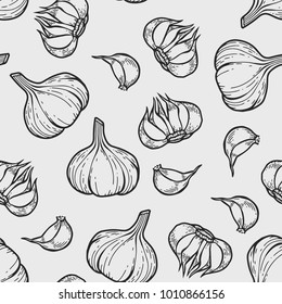 Vector garlic seamless pattern for menu, posters. Isolated spice product. Hand drawn retro plant.