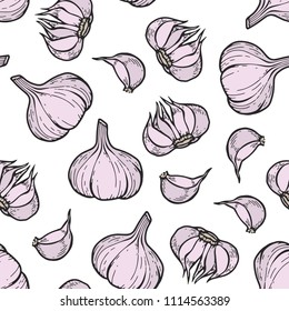Vector garlic seamless pattern for menu, posters. Isolated spice product. Hand drawn retro plant.