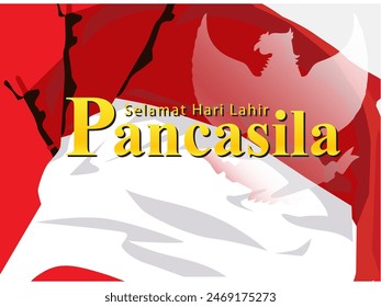 Vector Garuda shadow symbol of the Indonesian state with a red and white background flag with gold text celebrate Pancasila Day