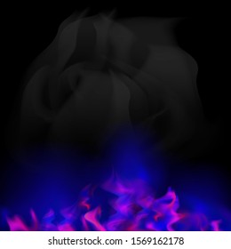 Vector Gas Burning Fire with Flying Embers on Blurred Black Background.