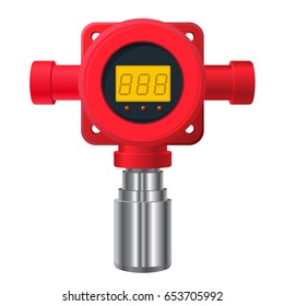 Vector gas detector. Red gas-meter with digital LCD display. Toxic sensor heater, adjustable values. Safety sensor detect poisoning with gas programmable alarm relays.