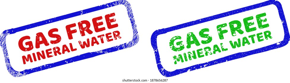 Vector GAS FREE MINERAL WATER framed rubber imitations with distress surface. Rough bicolor rectangle seal stamps. Red, blue, green colors used.