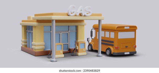 Publicidad de la estación de gas vectorial al estilo de las caricaturas. Autobús amarillo, vista trasera. Reabastecimiento de transporte municipal, cupones de combustible. Gasolina moderna. Afiche de color horizontal