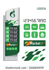 Vector Gas Station Display Stand, Vector Template Isolated Made In Green Color On White Background. Fuel Price Led Screen Billboard Mockup. Electronic Pixel Tablo Gasoline Cost. Petrol Car Service