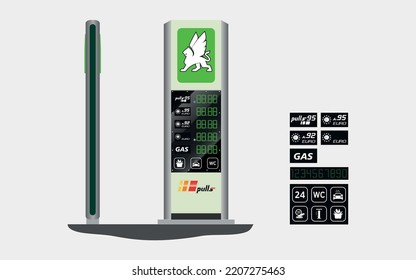 Vector Gas Station Display Stand, Vector Template Isolated Made In Green Color On White Background. Fuel Price Led Screen Billboard Mockup. Electronic Pixel Tablo Gasoline Cost. Petrol Car Service 