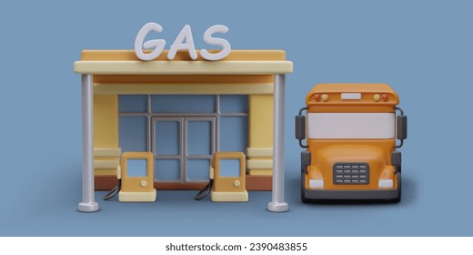 Vector gas station, front view. Horizontal concept on blue background. Filling gas tank. Commercial banner for online advertising. Vehicle refuel service