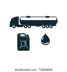 Vector Gasoline Tanker Truck Vehicle , Oil Drop, Petroleum Canister Set Simple Flat Icon Pictogram Isolated On A White Background. Gas Oil Fuel, Energy Power Industry Symbol, Sign