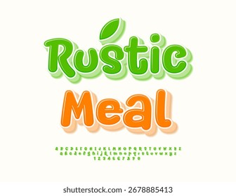 Vector Emblema gastronómico Comida rústica. Eco fuente verde. Conjunto de letras y números del alfabeto 3D escrito a mano.