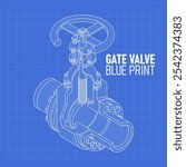 Vector gate valve technical drawing blueprints. Industrial equipment oil and gas valve. Perfect for mechan concept.