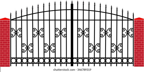 Vector gate, wicket and fences with red brick columns and a metal lattice, isolated on white.