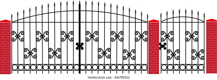 Vector gate, wicket and fences with red brick columns and a metal lattice, isolated on white.