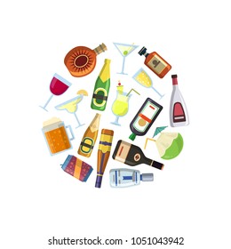 Vector gathered in circle illustration with alcoholic drinks in glasses and bottles in flat style isolated on white illustration