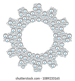 Vector gauge icons are grouped into gearwheel collage. Mechanical design concept constructed of gauge objects.