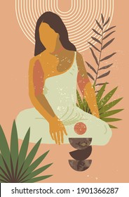 Vector Gauguin inspired mid century modern wall art. Abstract sitting woman print. Simple no face boho exotic tropical feminine diversity hipster wall decor. Printable ISO proportions illustration