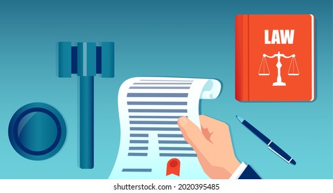 Vector of a gavel, law book and a judge hand with document 