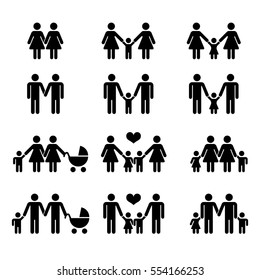 Vector gay family with children icons white. Illustration mother and mom with kid.