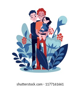 Vector gay family hugging. Adult homosexual couple mother and father men hug small daughter kid holding in hands. Happy characters smiling standing together expressing love, care on florals background