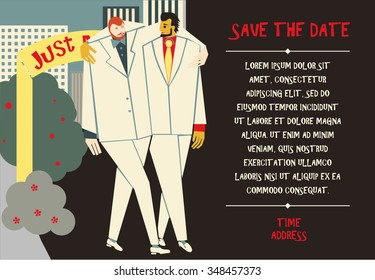 Vector gay marriage invitation. Happy gay couple celebrates love. Flat design and trendy colors. Just married hugging each other. Black stylish background, horizontal format.